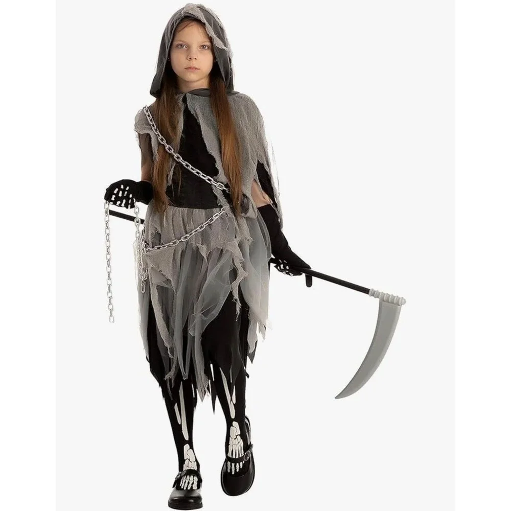 Youth Girls Grim Reaper Halloween Costume SZ 10-12 Scary Tights Gloves Chain B1